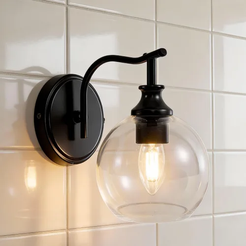 Vista 14 de ANDY STAR Lámparas de baño de níquel cepillado, luces de tocador de 1 luz, apliques modernos de pared de baño con pantalla de vidrio transparente