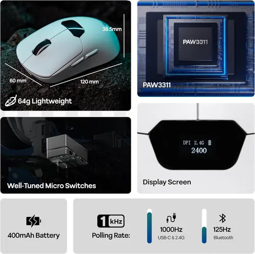 Vista 3 de MechLands Aula SC390 - Mouse ligero para juegos con pantalla de visualización, 2.4G/USB-C/BT mouse inalámbrico con batería de 400 mAh, ajustable