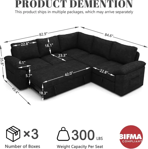 Vista 3 de Sofá modular modular de 85 pulgadas con cama extraíble, sofá cama Negro
