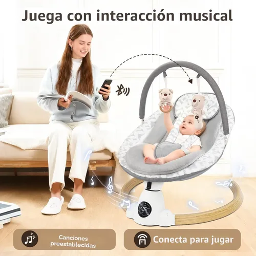 Vista 3 de Columpio para bebés con 5 velocidades de oscilación, columpio eléctrico portátil para bebé, panel táctil, arnés de 5 puntos, uso en interiores y Gris