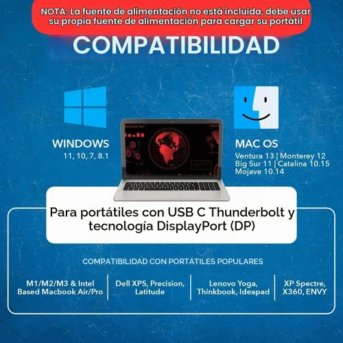 Vista 9 de OREI Estación de acoplamiento USB C Triple Monitor y base para portátil Estación de acoplamiento para laptop con 3 pantallas, 2 HDMI +