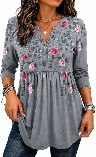 Vista 20 de Zeagoo Blusas de manga larga para mujer, estilo bohemio, cuello en V negro (Flower Black)