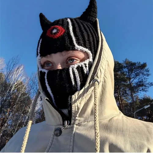 Vista 5 de Gorro de punto Y2k con cuerno de diablo y oreja de conejo largo, máscara de esquí, pasamontañas, accesorios para grunge
