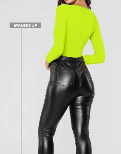 Vista 69 de MANGDIUP Body esencial para mujer, cuello redondo, manga larga, ajustado, elástico, de algodón y elastano