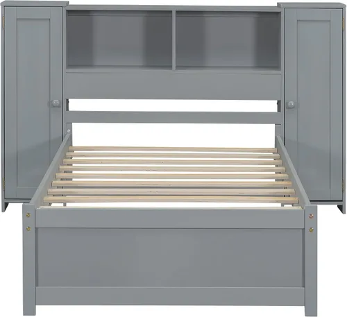 Vista 8 de Cama de plataforma de tamaño individual con cabecera de almacenamiento y taquillas, cabecera de almacenamiento multifuncional con 3 estantes Gris-t