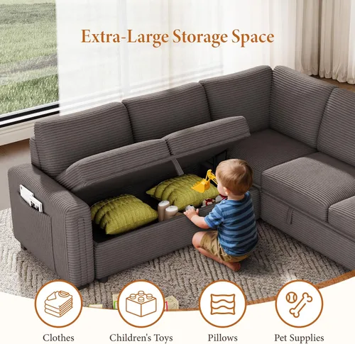 Vista 5 de Vesgantti Sofá Seccional Reclinable de 88.4" con Cama Extraíble, Sofá Seccional Modular en Forma de L de 5 Plazas con Almacenamiento, Cómodo Sofá