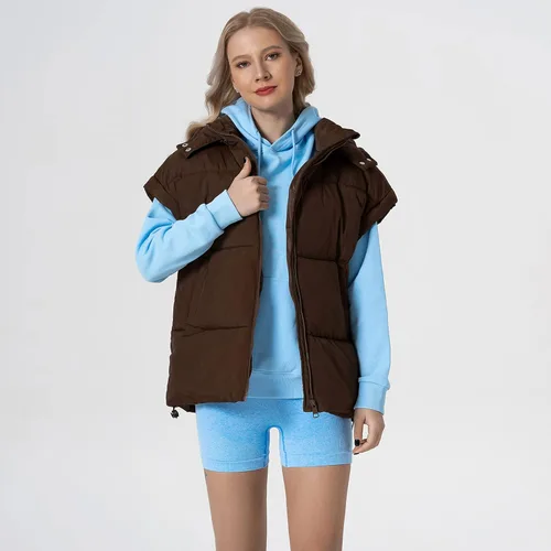 Vista 55 de Shiyifa Chaleco acolchado para mujer, chaqueta de gran tamaño, sin mangas, ligera, con cremallera, con capucha desmontable
