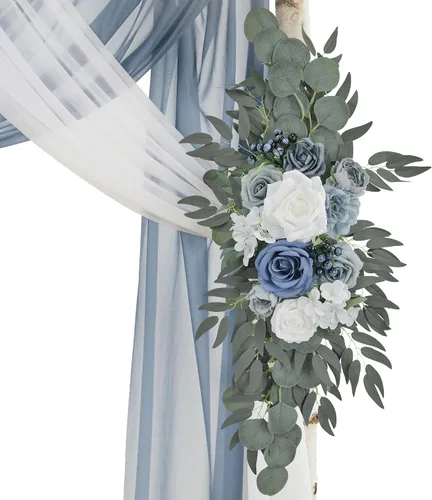 Vista 5 de Ting's time Juego de flores para arco de boda con cortinas (paquete de 4), 2 guirnaldas florales azul polvoriento y 2 cortinas de tela