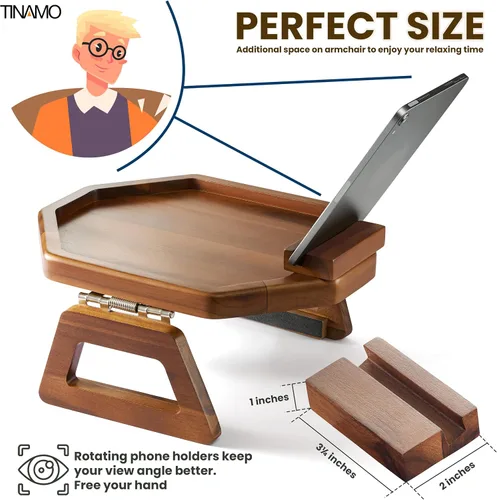 Vista 2 de Tinamo Bandeja para apoyabrazos de sofá octogonal de acacia, mesa de reposabrazos de sofá con brazos plegables - Organizador para sillón, bandeja