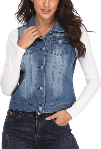 Vista 3 de MISS MOLY Chalecos de mezclilla rasgados para mujer, estilo clásico, sin mangas, con bolsillos con solapa