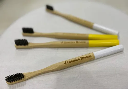 Vista 4 de ™ Cepillo de dientes de bambú, respetuoso con el medio ambiente, biodegradable, cerdas suaves, cuidado personal, uso diario, paquete de (4)