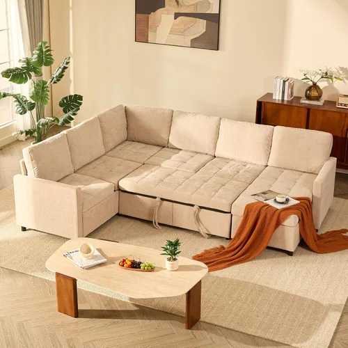 Vista 9 de Sofá cama modular de 107 pulgadas, juego de piezas modulares con cama extraíble, sofá modular en forma de U con almacenamiento, sofás de asiento