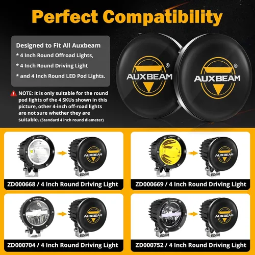 Vista 2 de Auxbeam C4 Series - Fundas protectoras redondas negras de 4 pulgadas, a presión, par PC Protective Covers, Snap-On Tool-Free Installation, Shields