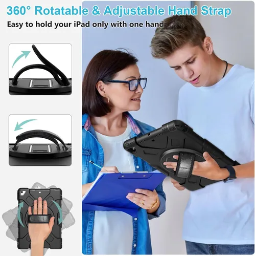 Vista 4 de Funda para iPad de 9ª/8ª/7ª generación de 10,2", color negro Shockproof Protective Silicone Cover with Rotatable Stand-Screen Protector-Handle