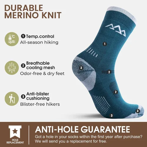 Vista 8 de innotree 3 Pack Men's Merino Wool Hiking Socks, Micro Crew Cushioned Hiking Walking Thermal Moisture Wicking Trekking Socks