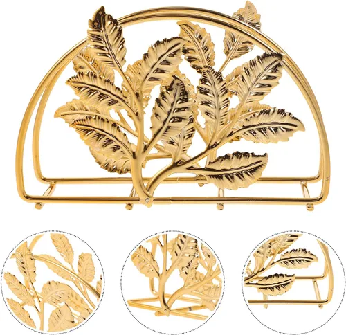 Vista 7 de Golden Iron Napkin Holder with Leaf Design, Large Metal Paper Napkin Stand for Kitchen and Restaurant Table, Rustic Style Bathroom and Dining