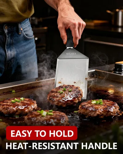 Vista 2 de HULISEN Espátula grande de acero inoxidable para parrilla, espátula de metal resistente de 6 x 5 pulgadas con bordes de corte, accesorios