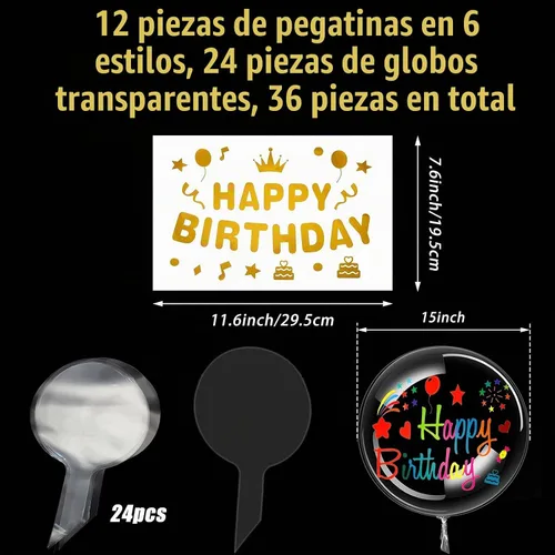 Vista 2 de Kasyat Juego de 36 calcomanías de cumpleaños, globos transparentes Bobo 12 Birthday Stickers 24 DIY Bubble Transparent Party Supplies Decoration