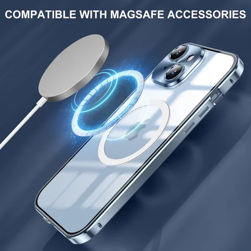 Vista 2 de Funda para iPhone 14, protección de doble cara de 360 grados, compatible con Magsafe de absorción magnética, parachoques de metal frontal de vidrio