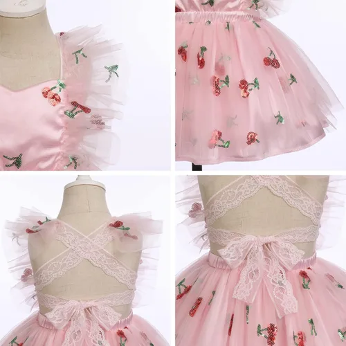 Vista 6 de Vestido para sesión de fotos de fiesta de cumpleaños con espalda descubierta para bebé, niña, mariposa, fresa, volantes, princesa, pastel, fiesta