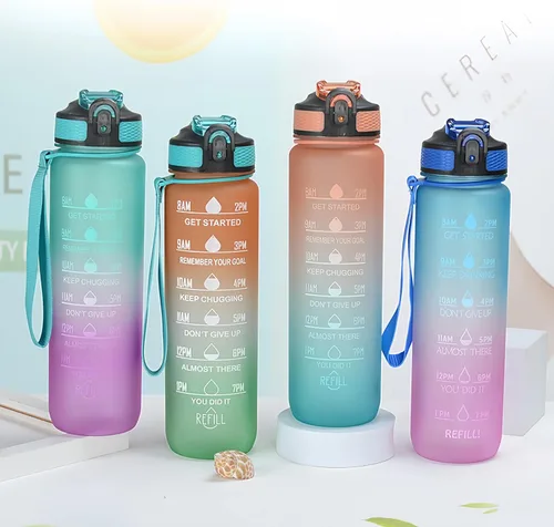 Vista 2 de Botella de agua de 33.8 fl oz, a prueba de fugas, libre de BPA y tóxicos, botella deportiva motivacional con tiempos para beber y pajita, fitness