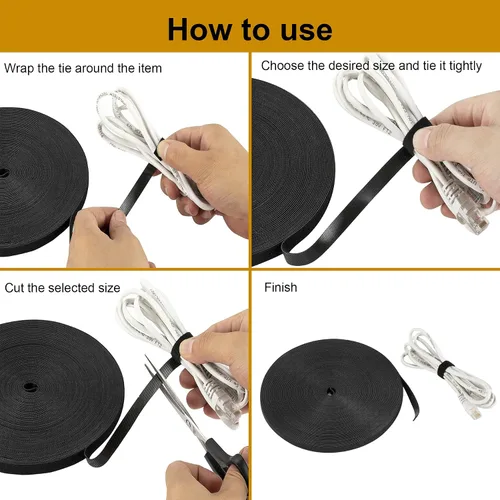 Vista 5 de Cinta de sujeción reutilizable de 1/2 pulgada para sujetar cables, cinta de gestión de cables de doble cara de gancho y bucle (negro, 25 yardas)
