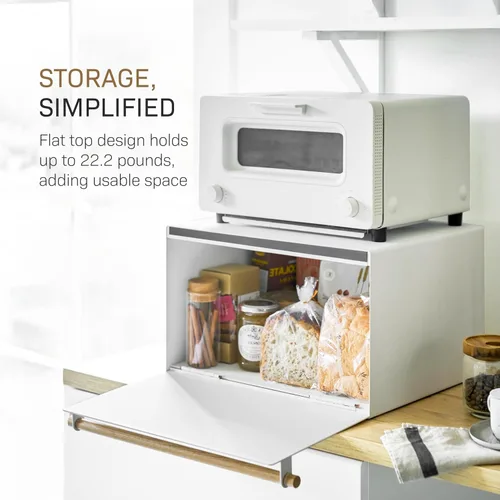 Vista 5 de YAMAZAKI Caja de Pan Moderna para el Hogar – Contenedor de Almacenamiento de Pan de Acero + Madera para Encimera, Caja de Pan Grande Blanca