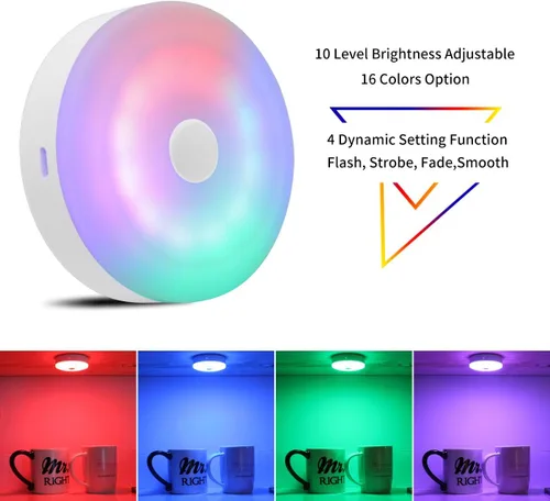 Vista 2 de Bason - Luminarias redondas recargables con control remoto, con luces que cambian de color. Iluminación LED ideal para colocar debajo de gabinetes.