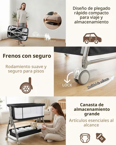 Vista 9 de Cuna de Bebé para Colocar al Lado de la Cama con Ruedas, Cuna Portátil 3-en-1 para Recién Nacido, Cuna de Dormir Lateral con Altura Ajustable