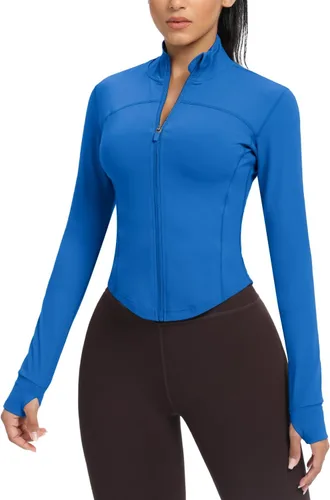 Vista 31 de AVGO Chaquetas de entrenamiento recortadas para mujer, con cremallera, ajustadas, atléticas, con agujeros para el pulgar