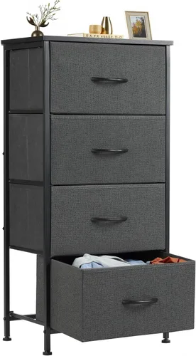 Vista 25 de Sweetcrispy Cómoda alta de tela para dormitorio, cómoda delgada de 6 cajones, torre de almacenamiento estrecha con parte superior de madera y marco