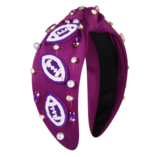 Vista 7 de Diademas anudadas de fútbol para mujer, diadema deportiva para el día del juego, diadema de cristal perlado con nudo superior ancho, accesorios