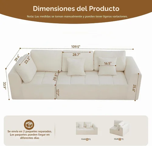 Vista 2 de Sofás seccionales modulares de 110 pulgadas para sala de estar, sofá seccional comprimido sin hueso, sofá de espuma viscoelástica tapizado de 3 Beige