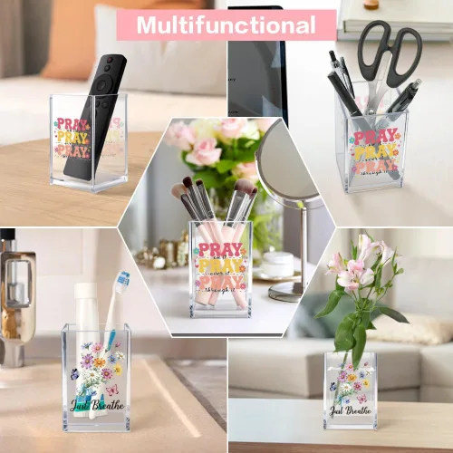 Vista 6 de Just breathe - Paquete de 2 portalápices cosméticos de acrílico tipo vaso, organizador de brochas de maquillaje inspirador Hope, regalos de fe