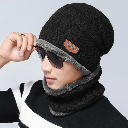 Vista 2 de Conjunto de gorro y bufanda de invierno cálido y elegante gorro de punto para hombres y mujeres