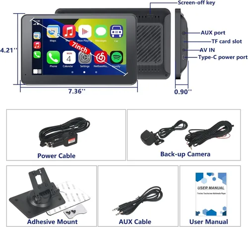 Vista 7 de Carplay - Pantalla para coche con Apple CarPlay/Android Auto, estéreo inalámbrico de 7 pulgadas, pantalla táctil portátil para auto con Bluetooth