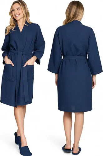 Vista 23 de Lotus Linen Women’s Lightweight Waffle Spa Robes – Soft Cotton Knee Length Bathrobe, Personalized Bridesmaids Robe Negro
