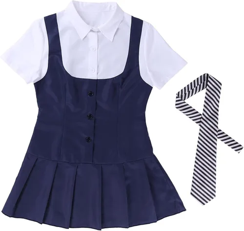 Vista 5 de iEFiEL Disfraz de uniforme de 2 piezas para mujer con corbata, Azul marino y blanco