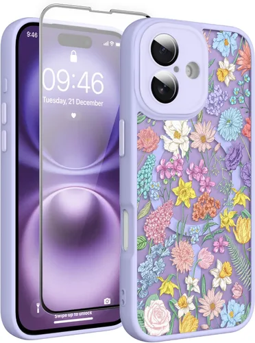 Vista 180 de Magnético para iPhone 13 con protector de pantalla [Compatible con MagSafe] Diseño de patrón floral de flores bonitas, funda delgada a prueba