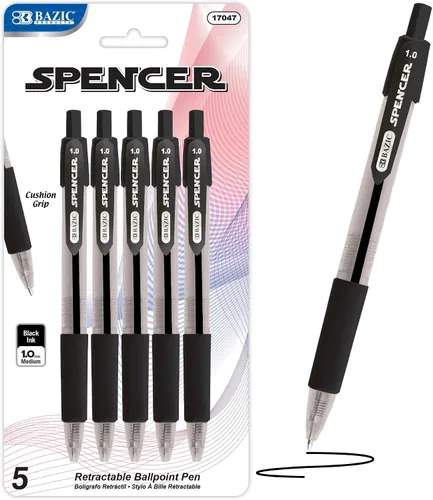 Vista 10 de BAZIC PRODUCTS Spencer Asst. Bolígrafo retráctil de color con empuñadura de cojín, 5 unidades, para escritura escolar y oficina