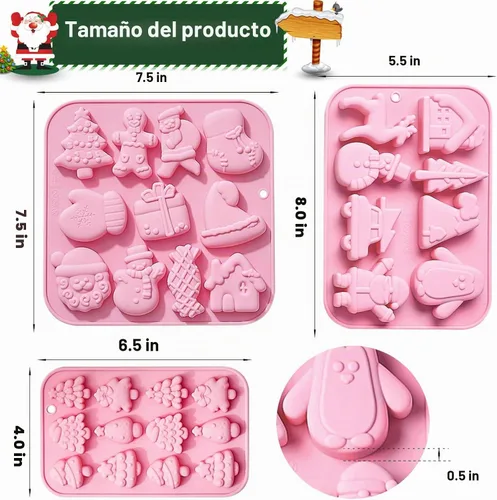 Vista 2 de Paquete de 3 moldes de silicona para hornear navideños, moldes de silicona navideños con forma de árbol de Navidad, moldes para jabón y dulces
