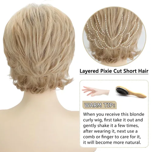 Vista 5 de TISHINING Pelucas Rizadas Cortas de Corte Pixie Ombre Rubias para Mujeres Blancas Peluca Rubia Mixta Esponjosa en Capas con Flequillo de Aspecto