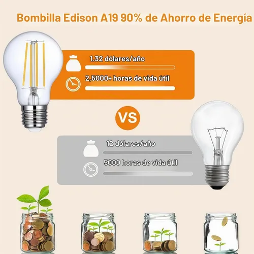 Vista 7 de Vinaco Bombilla LED A19 regulable de 2700 K, blanco cálido, 4 bombillas Edison A19, 8 W igual a 60 W, bombillas Edison de larga duración 806LM E26