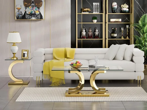 Vista 6 de Mesa auxiliar de cristal dorado de lujo, moderna mesa de centro cuadrada para sofá con base de acero inoxidable con espejo brillante, mesa de noche