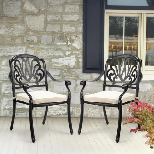 Vista 7 de VINGLI Juego de 2 sillas de patio apilables de aluminio fundido para exteriores con acabado negro vintage y patrón floral, sillones de metal