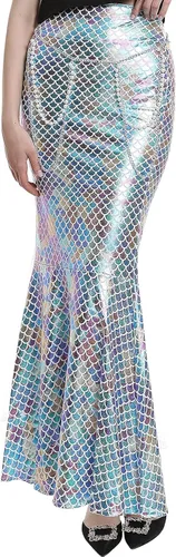 Vista 3 de ReneeCho Disfraz de sirena para mujeres adultas, traje de falda larga elástica brillante para Halloween, juego de rol, incluye cadena de perlas