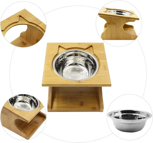 Vista 3 de Tazones para gatos y mascotas, mesa de comedor con pendiente elevada, soporte de madera elevado para mascotas con soporte oblicuo para una Acero