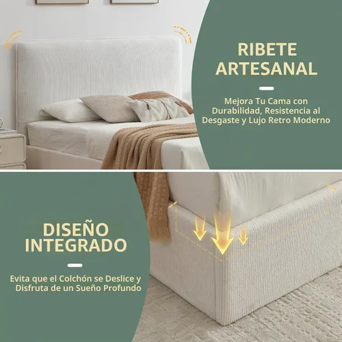 Vista 6 de Base de cama de almacenamiento tamaño Queen, plataforma tapizada de lino con cabecera curva, soporte de listones de madera hidráulico y resistente