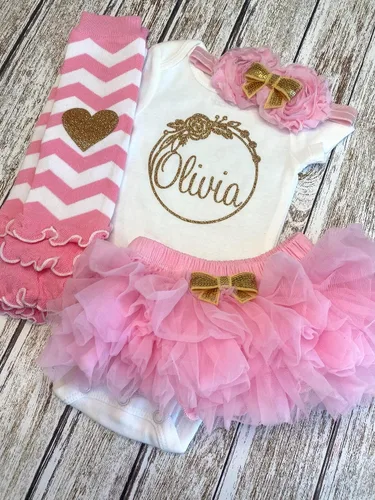 Vista 11 de Personalized Baby Girl Outfit Circular Floral Wreath Design Gold Glitter Optional Accessories