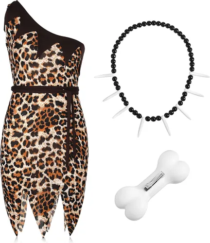 Vista 2 de SATINIOR Disfraz de mujer de caverna, con clip para el pelo de hueso, collar de caverno, cueva de leopardo, accesorios de disfraz para cosplay